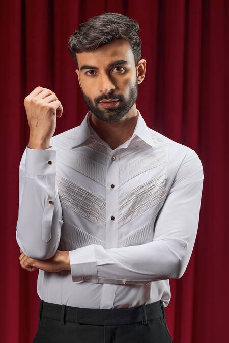 Philocaly_White Cotton Embroidery Howard Tuxedo Shirt _Online_at_Aza_Fashions