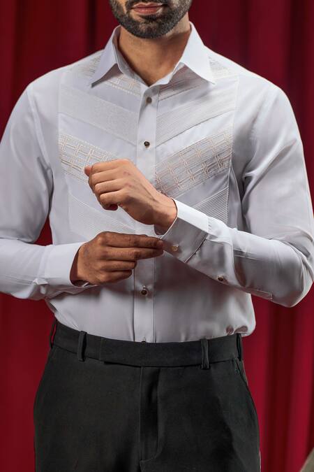 Buy_Philocaly_White Cotton Embroidery Howard Tuxedo Shirt _Online_at_Aza_Fashions
