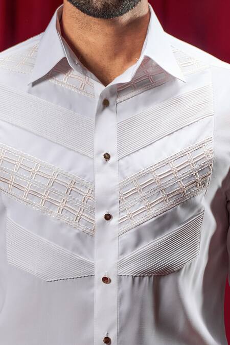 Shop_Philocaly_White Cotton Embroidery Howard Tuxedo Shirt _Online_at_Aza_Fashions