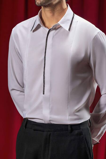 Philocaly_White Cotton Beads, Embroidery Ford Tuxedo Shirt  _Online_at_Aza_Fashions