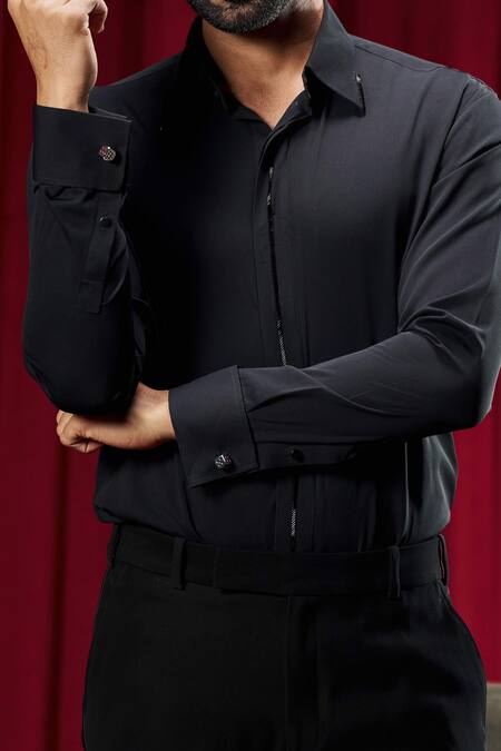 Philocaly_Black Cotton Beads Meirelles Embroidered Shirt _Online_at_Aza_Fashions