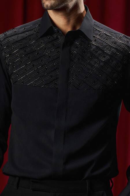 Buy_Philocaly_Black Cotton Embroidery, Metallic Thread Gibson Shirt _Online_at_Aza_Fashions