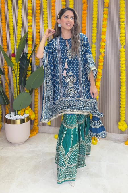 Surkh Syahi_Blue Crepe Embroidery, Tassels, Zari, Sequins Split Printed Kaftan And Gharara Set _Online_at_Aza_Fashions