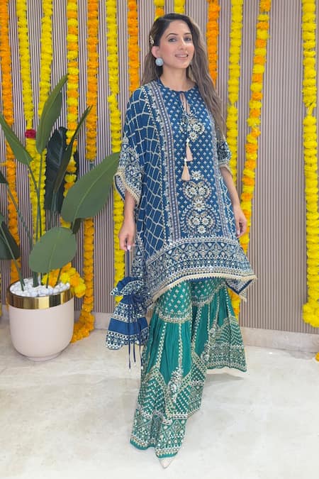 Buy_Surkh Syahi_Blue Crepe Embroidery, Tassels, Zari, Sequins Split Printed Kaftan And Gharara Set _Online_at_Aza_Fashions