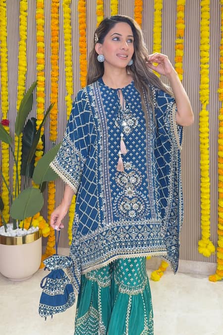 Shop_Surkh Syahi_Blue Crepe Embroidery, Tassels, Zari, Sequins Split Printed Kaftan And Gharara Set _Online_at_Aza_Fashions