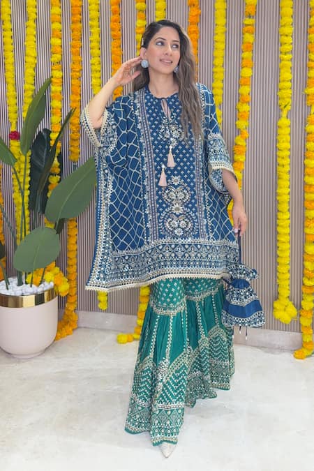 Surkh Syahi_Blue Crepe Embroidery, Tassels, Zari, Sequins Split Printed Kaftan And Gharara Set _at_Aza_Fashions
