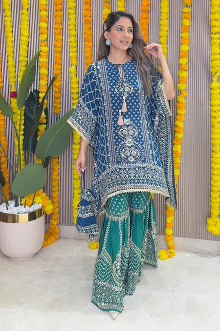Buy_Surkh Syahi_Blue Crepe Embroidery, Tassels, Zari, Sequins Split Printed Kaftan And Gharara Set 