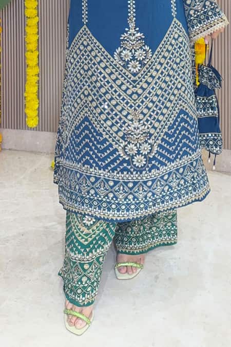 Surkh Syahi_Blue Crepe Embroidery, Mirrors, Sequins Mandarin Geometric Kurta And Palazzo Set _Online_at_Aza_Fashions