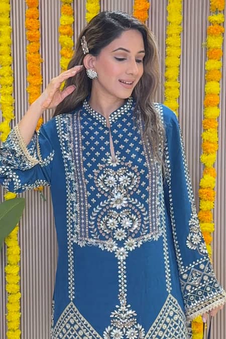 Buy_Surkh Syahi_Blue Crepe Embroidery, Mirrors, Sequins Mandarin Geometric Kurta And Palazzo Set _Online_at_Aza_Fashions