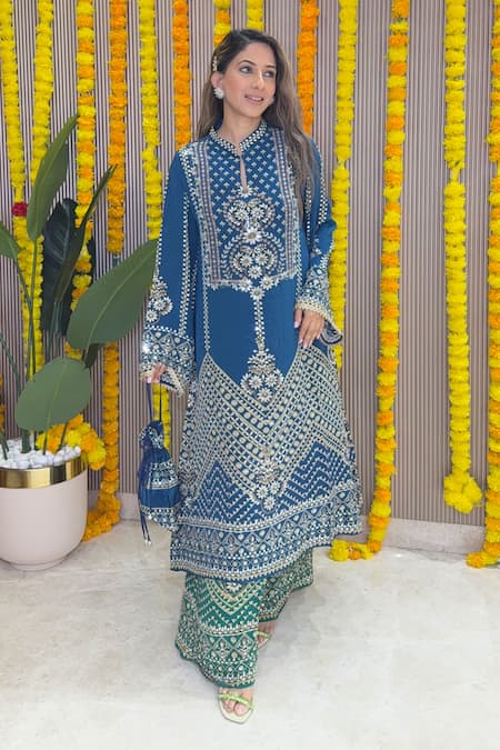 Shop_Surkh Syahi_Blue Crepe Embroidery, Mirrors, Sequins Mandarin Geometric Kurta And Palazzo Set _Online_at_Aza_Fashions