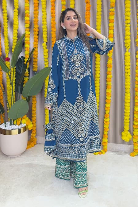 Surkh Syahi_Blue Crepe Embroidery, Mirrors, Sequins Mandarin Geometric Kurta And Palazzo Set _at_Aza_Fashions
