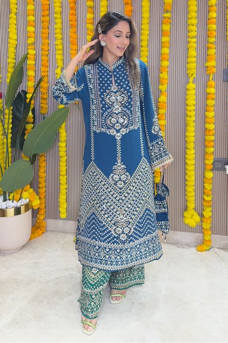 Surkh Syahi Geometric Embroidered Kurta & Palazzo Set 