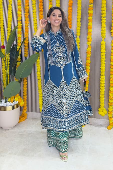Buy_Surkh Syahi_Blue Crepe Embroidery, Mirrors, Sequins Mandarin Geometric Kurta And Palazzo Set 