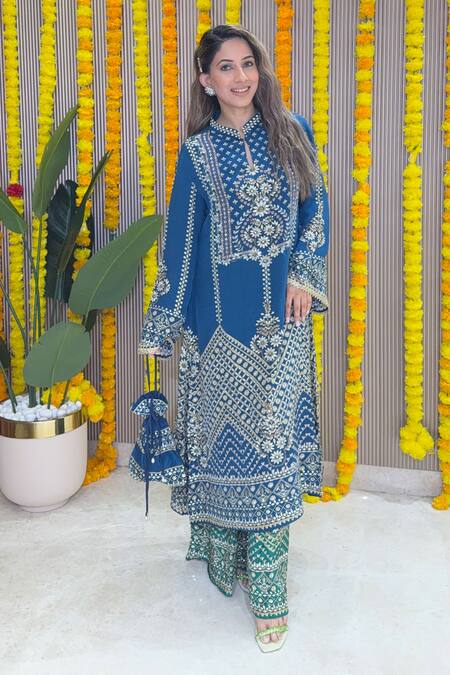 Shop_Surkh Syahi_Blue Crepe Embroidery, Mirrors, Sequins Mandarin Geometric Kurta And Palazzo Set 