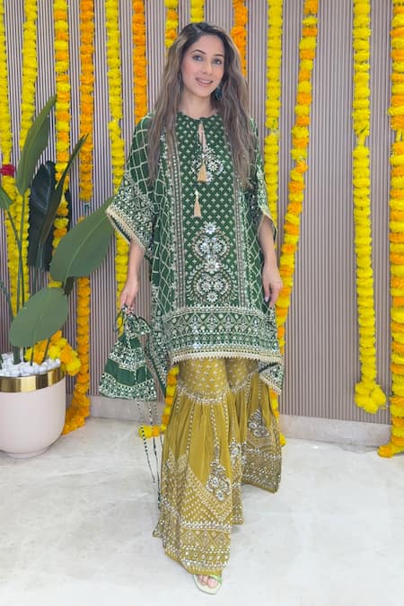Shop_Surkh Syahi_Green Crepe Embroidery, Tassels, Sequins Keyhole Neck Kaftan And Gharara Set _Online_at_Aza_Fashions