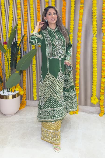 Shop_Surkh Syahi_Green Crepe Embroidery, Zari Mandarin Collar Kurta And Palazzo Set _Online_at_Aza_Fashions