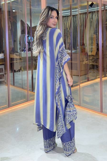 Surkh Syahi_Blue Crepe Mirrors, Embroidery, Sequins, Striped Printed Kaftan And Gharara Set _Online_at_Aza_Fashions