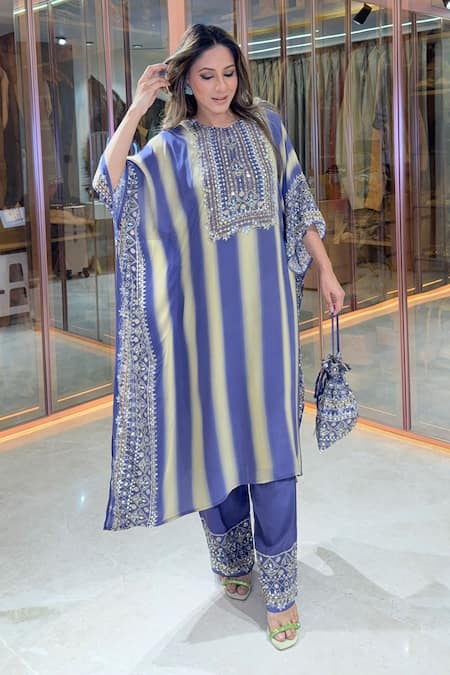 Buy_Surkh Syahi_Blue Crepe Mirrors, Embroidery, Sequins, Striped Printed Kaftan And Gharara Set _Online_at_Aza_Fashions