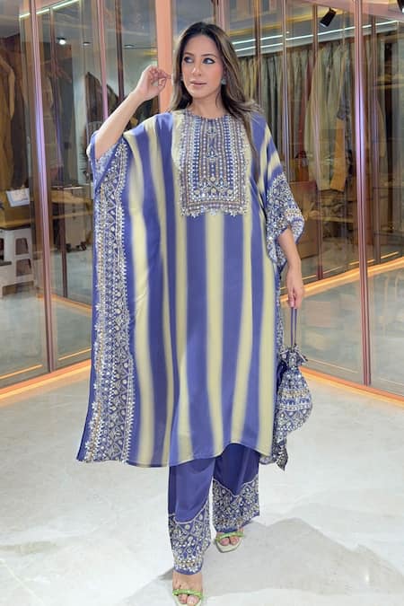 Shop_Surkh Syahi_Blue Crepe Mirrors, Embroidery, Sequins, Striped Printed Kaftan And Gharara Set _Online_at_Aza_Fashions
