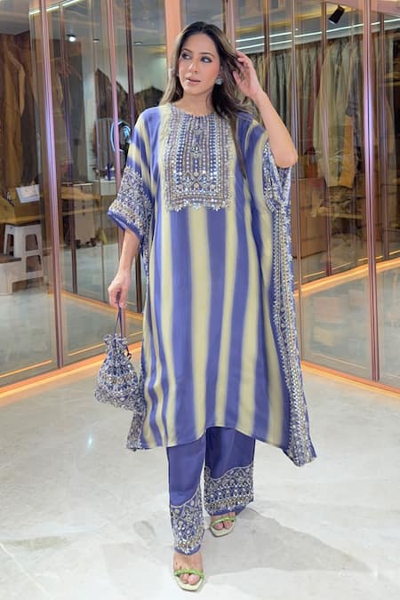 Surkh Syahi_Blue Crepe Mirrors, Embroidery, Sequins, Striped Printed Kaftan And Gharara Set _at_Aza_Fashions