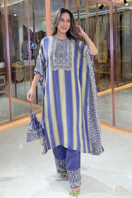 Buy_Surkh Syahi_Blue Crepe Mirrors, Embroidery, Sequins, Striped Printed Kaftan And Gharara Set 