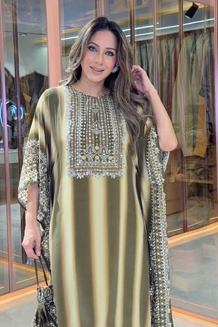 Surkh Syahi_Olive Green Crepe Sequins, Stones, Metallic Thread, Striped Kaftan And Gharara Set _Online_at_Aza_Fashions