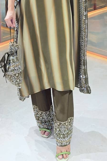 Buy_Surkh Syahi_Olive Green Crepe Sequins, Stones, Metallic Thread, Striped Kaftan And Gharara Set _Online_at_Aza_Fashions