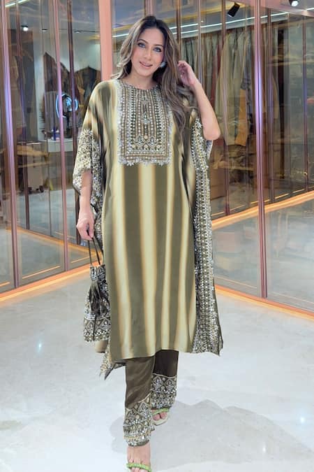 Shop_Surkh Syahi_Olive Green Crepe Sequins, Stones, Metallic Thread, Striped Kaftan And Gharara Set _Online_at_Aza_Fashions