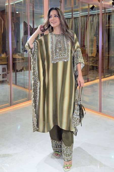 Buy_Surkh Syahi_Olive Green Crepe Sequins, Stones, Metallic Thread, Striped Kaftan And Gharara Set 