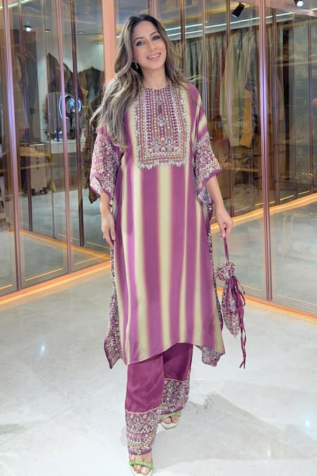 Surkh Syahi Wine Crepe Sequins, Embroidery, Beads, Striped Embellished Kaftan Pant Set Online at Aza Fashions Surkh Syahi_Wine Crepe Sequins, Embroidery, Beads, Striped Embellished Kaftan Pant Set _Online_at_Aza_Fashions