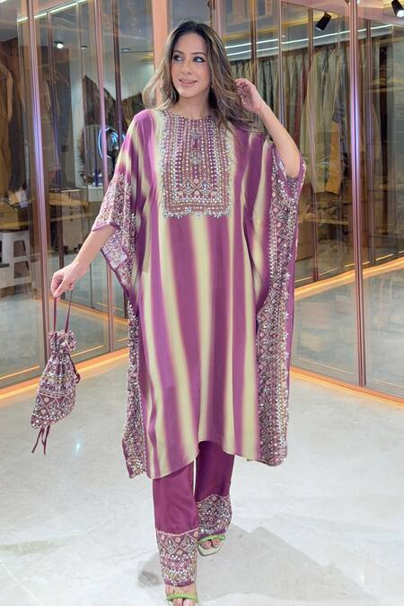 Buy Surkh Syahi Wine Crepe Sequins, Embroidery, Beads, Striped Embellished Kaftan Pant Set Online at Aza Fashions Buy_Surkh Syahi_Wine Crepe Sequins, Embroidery, Beads, Striped Embellished Kaftan Pant Set _Online_at_Aza_Fashions