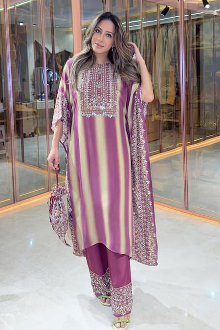 Shop Surkh Syahi Wine Crepe Sequins, Embroidery, Beads, Striped Embellished Kaftan Pant Set Online at Aza Fashions Shop_Surkh Syahi_Wine Crepe Sequins, Embroidery, Beads, Striped Embellished Kaftan Pant Set _Online_at_Aza_Fashions
