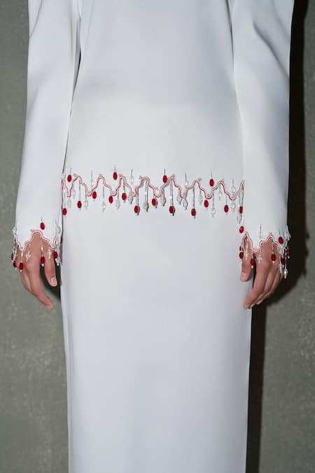 Therealb_White Satin Beads Round , Keyhole Embellished Top And Skirt Set _Online_at_Aza_Fashions