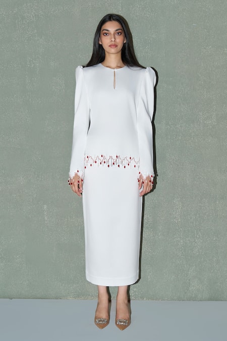 Buy_Therealb_White Satin Beads Round , Keyhole Embellished Top And Skirt Set _Online_at_Aza_Fashions