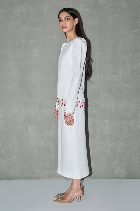 Shop_Therealb_White Satin Beads Round , Keyhole Embellished Top And Skirt Set _Online_at_Aza_Fashions