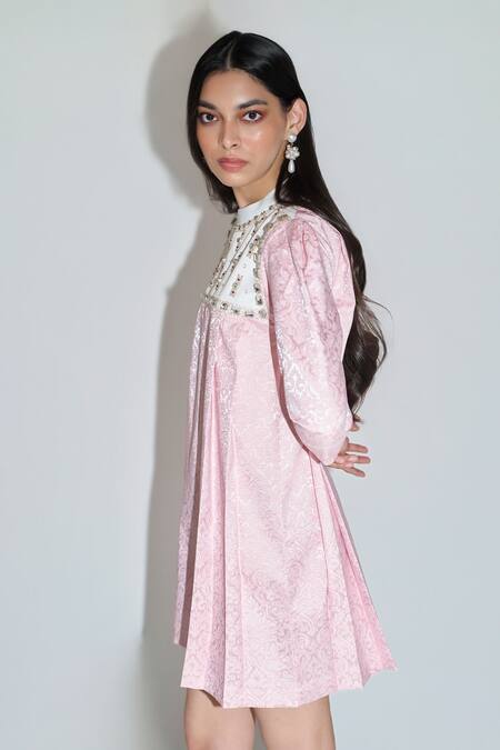 Therealb_Pink Jacquard Stones, Rhinestones Round Neck Embellished Short Dress _Online_at_Aza_Fashions