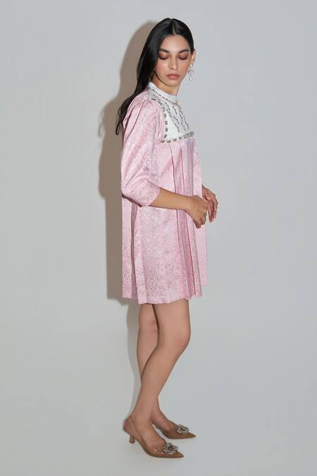 Buy_Therealb_Pink Jacquard Stones, Rhinestones Round Neck Embellished Short Dress _Online_at_Aza_Fashions