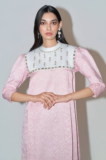 Shop_Therealb_Pink Jacquard Stones, Rhinestones Round Neck Embellished Short Dress 