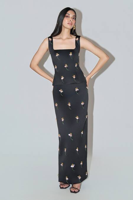Therealb_Black Satin Embroidery, Beads, Sequins Square Hand-embellished Top With Skirt _Online_at_Aza_Fashions