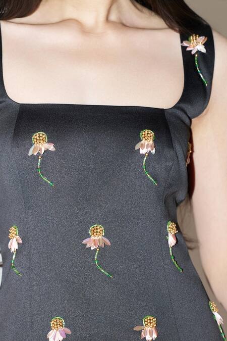 Therealb_Black Satin Embroidery, Beads, Sequins Square Hand-embellished Top With Skirt _at_Aza_Fashions