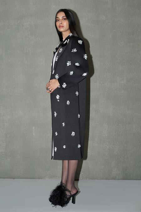 Therealb Black Satin Beads, Pearls Floral Embellished Long Coat Online at Aza Fashions Therealb_Black Satin Beads, Pearls Floral Embellished Long Coat _Online_at_Aza_Fashions