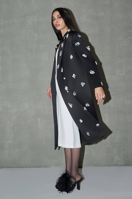 Buy Therealb Black Satin Beads, Pearls Floral Embellished Long Coat Online at Aza Fashions Buy_Therealb_Black Satin Beads, Pearls Floral Embellished Long Coat _Online_at_Aza_Fashions