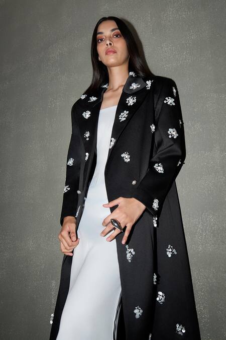 Shop Therealb Black Satin Beads, Pearls Floral Embellished Long Coat Online at Aza Fashions Shop_Therealb_Black Satin Beads, Pearls Floral Embellished Long Coat _Online_at_Aza_Fashions