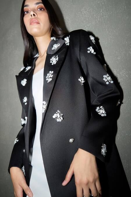 Therealb Black Satin Beads, Pearls Floral Embellished Long Coat at Aza Fashions Therealb_Black Satin Beads, Pearls Floral Embellished Long Coat _at_Aza_Fashions