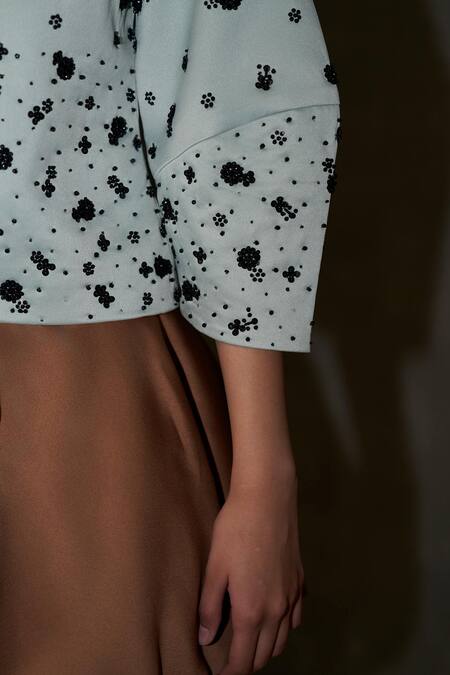 Therealb_Mint Satin Beads Round Neck Embellished Top And Skirt Set _at_Aza_Fashions