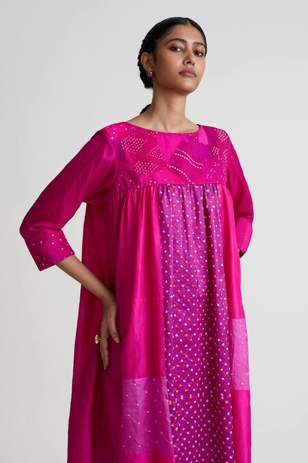 Shop_Naina Jain_Magenta Silk Round Neck Bandhani Print Midi Dress _Online_at_Aza_Fashions
