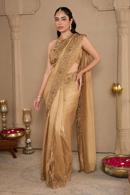 Buy House Of Karmah Gold Chanderi, Silk Cut Work, Beads, Zari Halter Embroidered Saree With Blouse at Aza Fashions Buy_House Of Karmah_Gold Chanderi, Silk Cut Work, Beads, Zari Halter Embroidered Saree With Blouse _at_Aza_Fashions