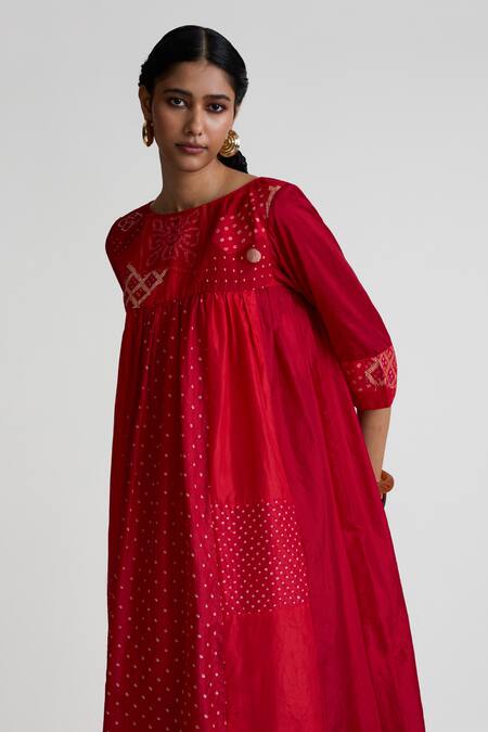 Shop_Naina Jain_Red Silk Embroidery Round Neck Geometric Print Gathered Dress _Online_at_Aza_Fashions