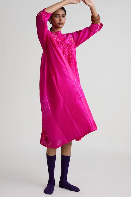 Shop_Naina Jain_Pink Silk Embroidery Round Neck Bandhani Pattern Dress _Online_at_Aza_Fashions