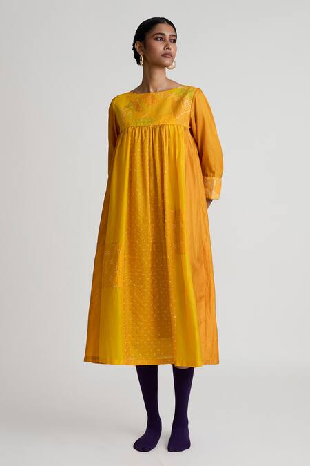 Buy_Naina Jain_Yellow Silk Embroidery Round Neck Printed And Bandhani Midi Dress _Online_at_Aza_Fashions